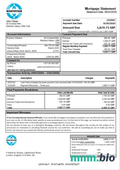 Zjednoczone Królestwo WestStein Bank wyciąg z kredytu hipotecznego w formatach Word i PDF